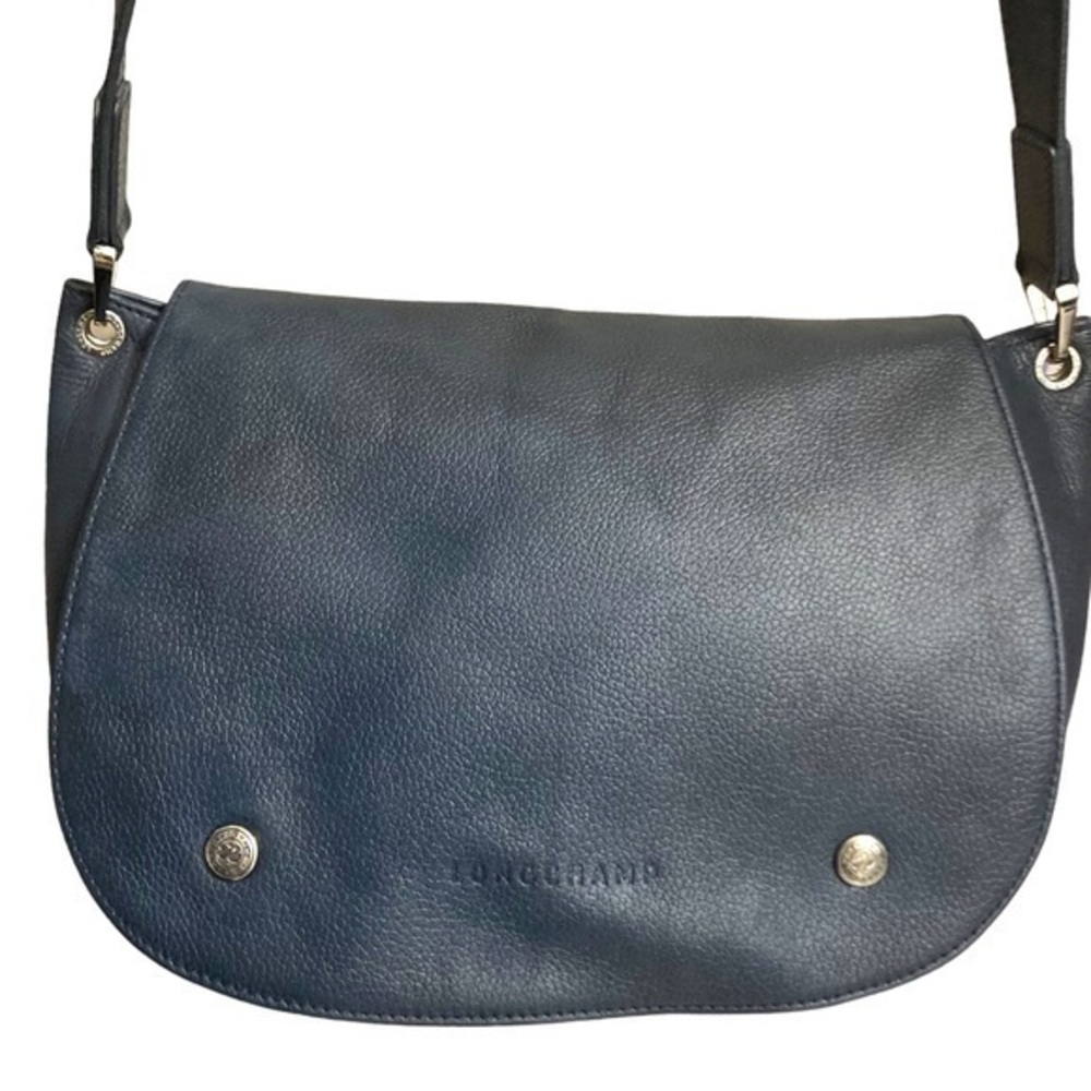 Longchamp blue leather saddle flap crossbody messenger bag unisex